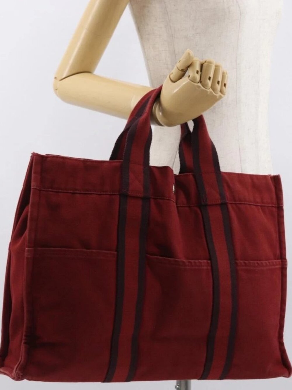 HERMES Deauville Hand Bag Canvas Red Silver Auth bs33188 - Picture 14 of 16